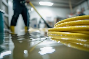 Worker using industrial hose to extract standing water from a flooded building floor